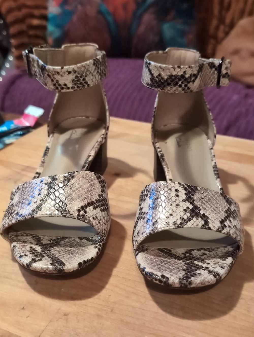 Clarks Snake-Print Ankle Strap Block Heels in Neutral Tones
